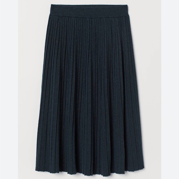 H&M pleated sparkle green stretchy elastic waist pull on knee length skirt XS - Picture 1 of 7